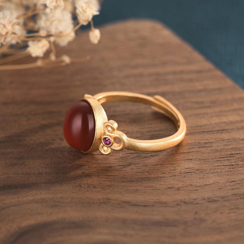 Antique Gold Inlaid Red Agate Open Ring – Versatile Ladies Design