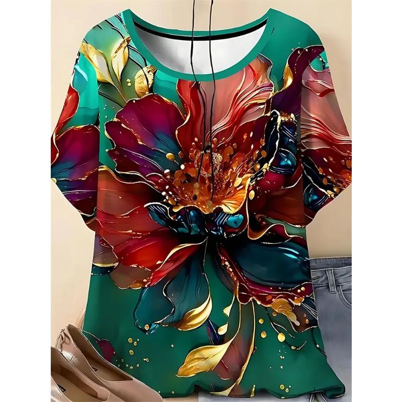 Fashion Women s Crew Neck Short Sleeve Flower Short Sleeve 3D Flower Color Printed Crew Neck T-Shirt XS