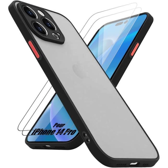 Coque de téléphone - BOOLING - iPhone 14 Pro - Silicone Mat Noir - Antichoc - 2 Verres Trempés