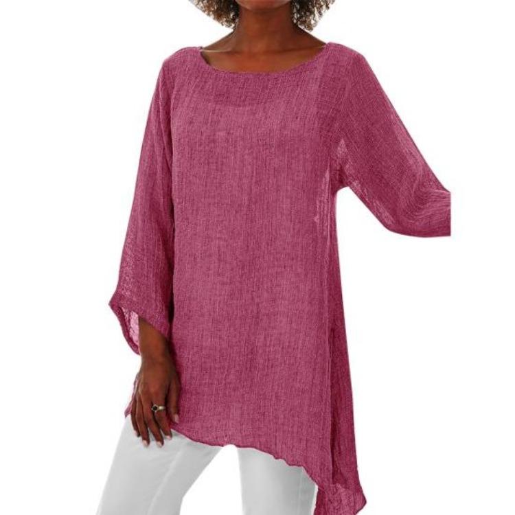 Autumn Chic Loose Pullover Blouse Long Sleeve O Neck Irregular Hem T Shirt Women