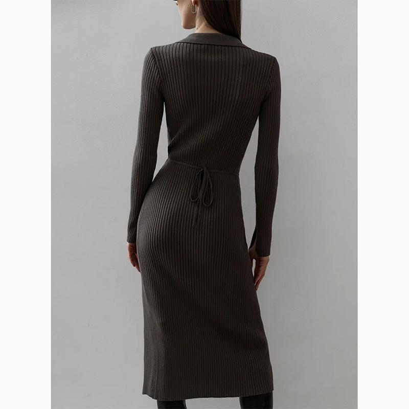 Autumn Sexy Long Sleeve Women Knitted Dress Turn-down Collar Lace-up Slim Dresses Winter Fashion Solid Elegant Sweater Dress 30448