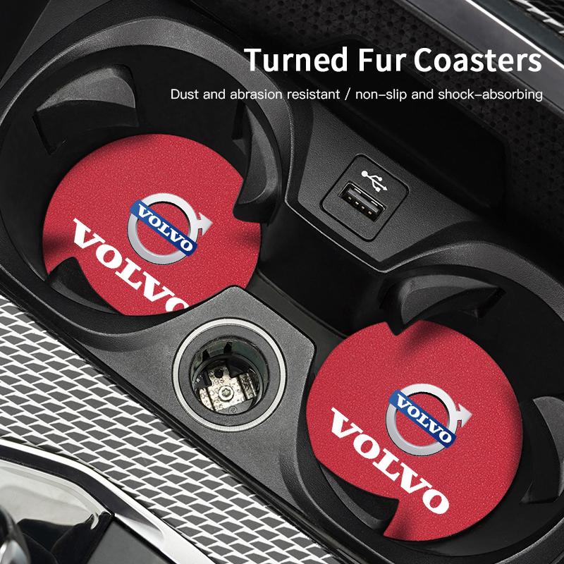2Pcs Car Coasters Leather Water Cup Holder Mat For Volvo V60 V40 XC90 S60 C30 XC60 Car Interior Anti Slip Water Cup Pad keychain