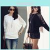 Elegante Camiseta Blanca y Negra de Encaje con Mangas Murciélago para Mujer de Tallas Grandes en Estilo Commute de Moda