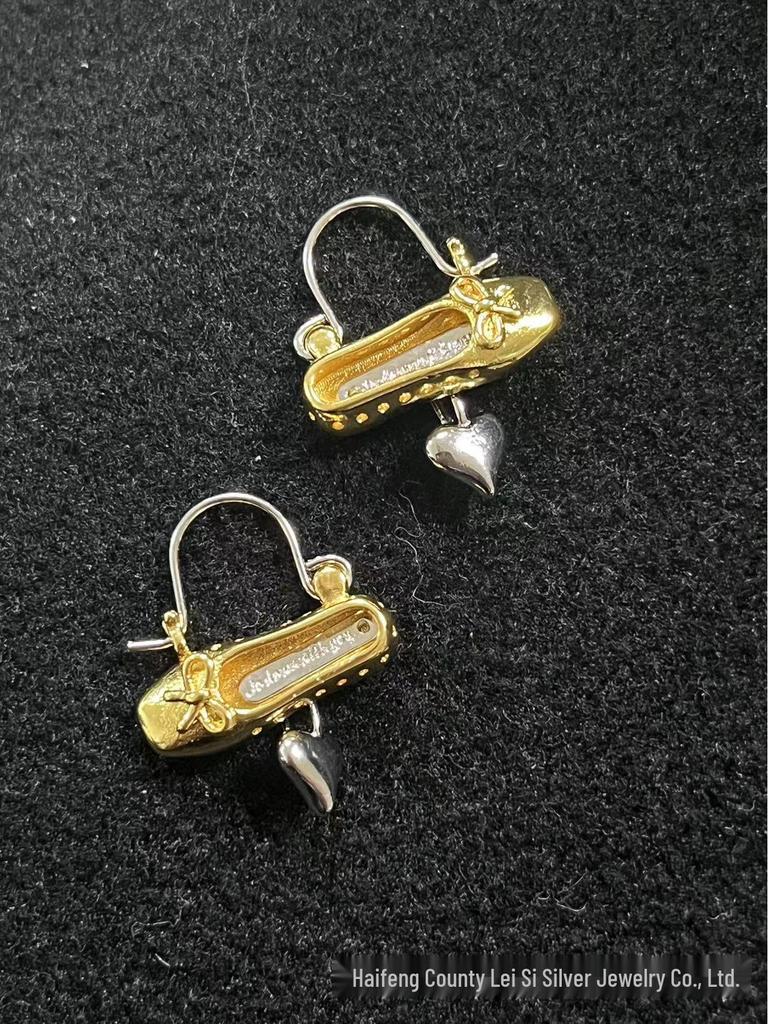 2024 Korean Style Peach Heart Ballet Flats Earrings - Silver & Gold Gift for Women, Versatile Fairycore Niche.