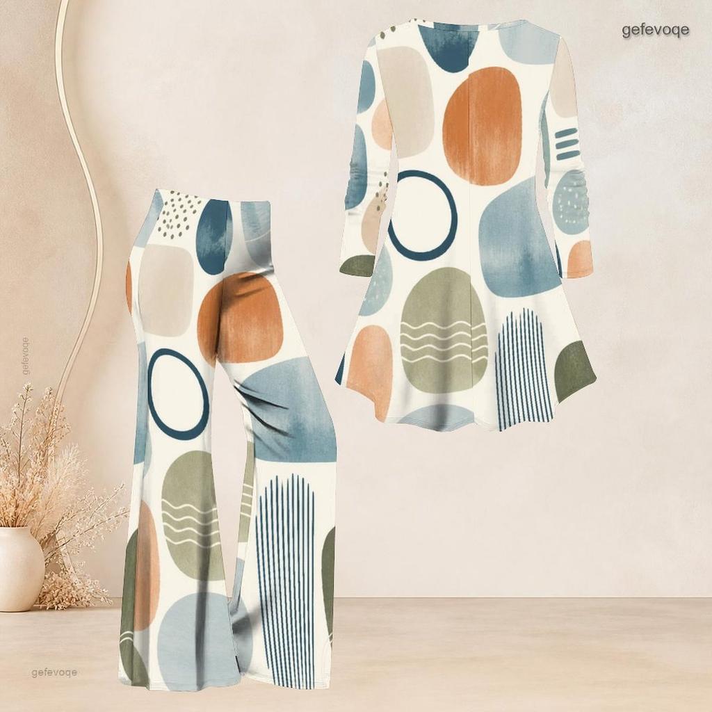 Women Plus Size Pink Blue Beige Printed V Neck Three Quarter Sleeve Flared Top And Flared Pants Two Piece Set
