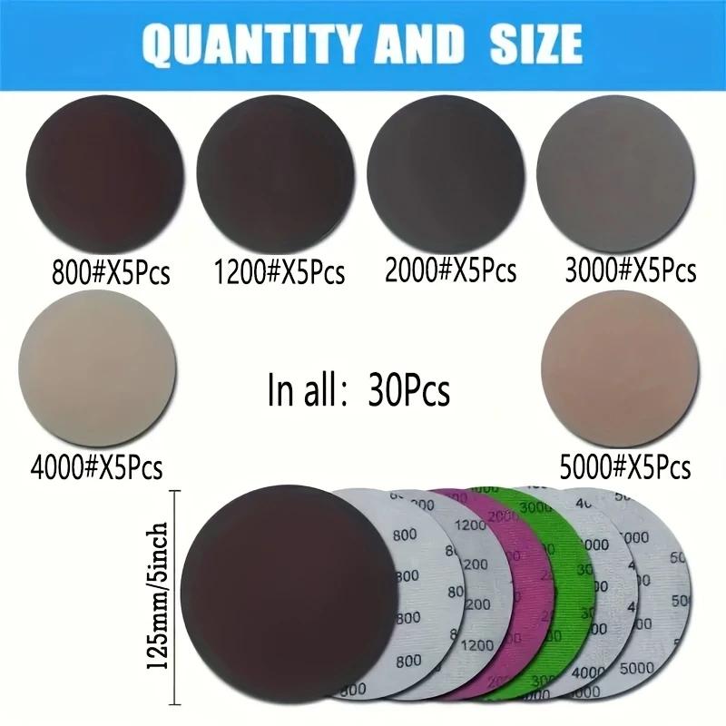 30PCS 125mm Wet/Dry Sandpaper Sheet - Grit 800-5000 - Hook and Loop Flannel Random Track Sand Plate Set for Electric Sand Mill A