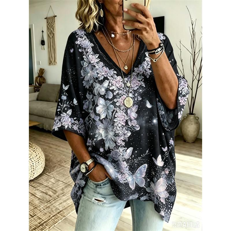Plus-Size Women's V-Neck Batwing Sleeve T-Shirt Bohemian Ethnic Print Loose Top Summer Comfortable Breathable Daily Commute Casual Slimming Style