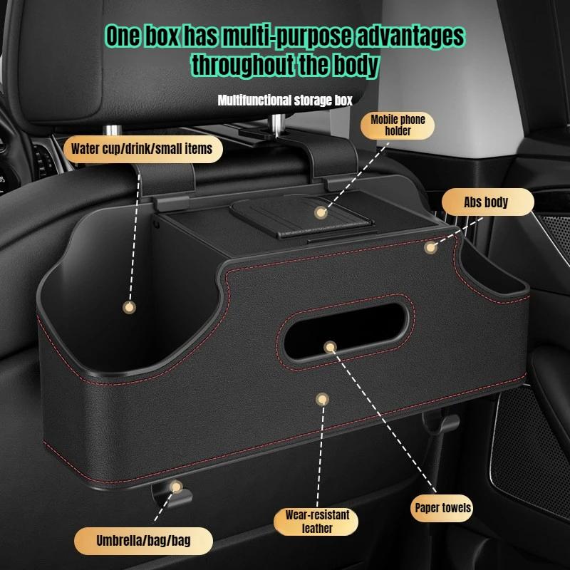 Car Seat Back Organizer Rear Seat Car Storage Box Car Back Seat Organizer with 2 Drink Cup Holder Tissue Box Hooks for Kids