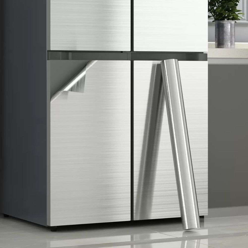 Waterproof Wallpaper Decor Film Stainless Brushed Silver Adhesive Wallpaper Refrigerator