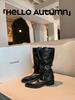 Grape mother height increased by 4cm~ round pointed head thin belt buckle medium tube knight boots women