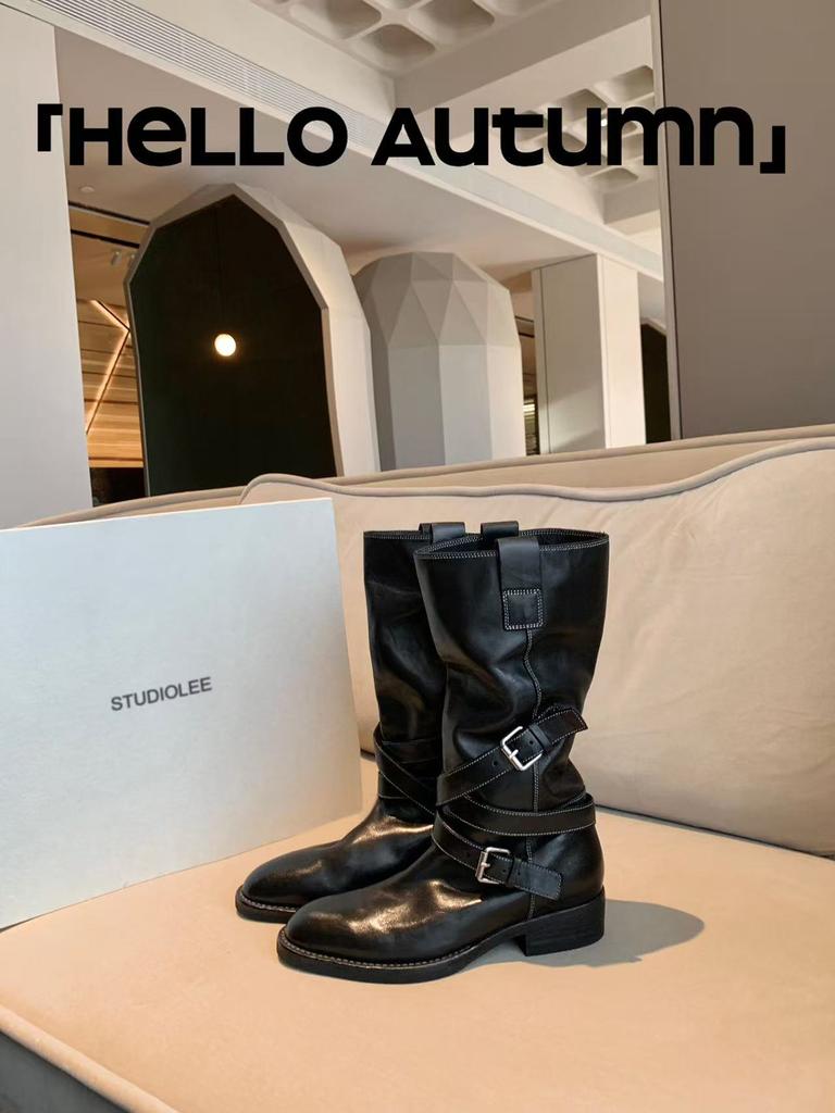 Grape mother height increased by 4cm~ round pointed head thin belt buckle medium tube knight boots women