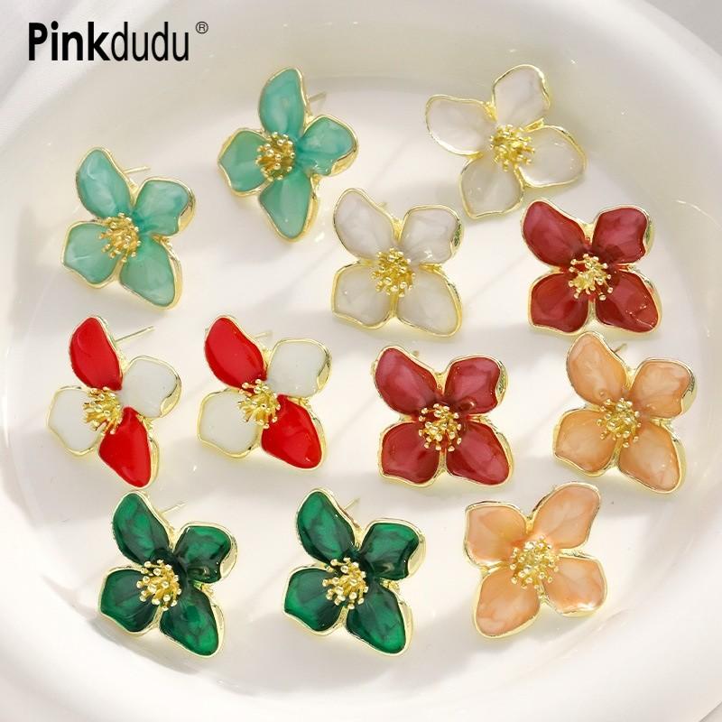Pinkdudu Vintage Hibiscus Stud Earrings for Women Red Drop Glaze 3D Floral Earrings French Style Jewelry PD2323