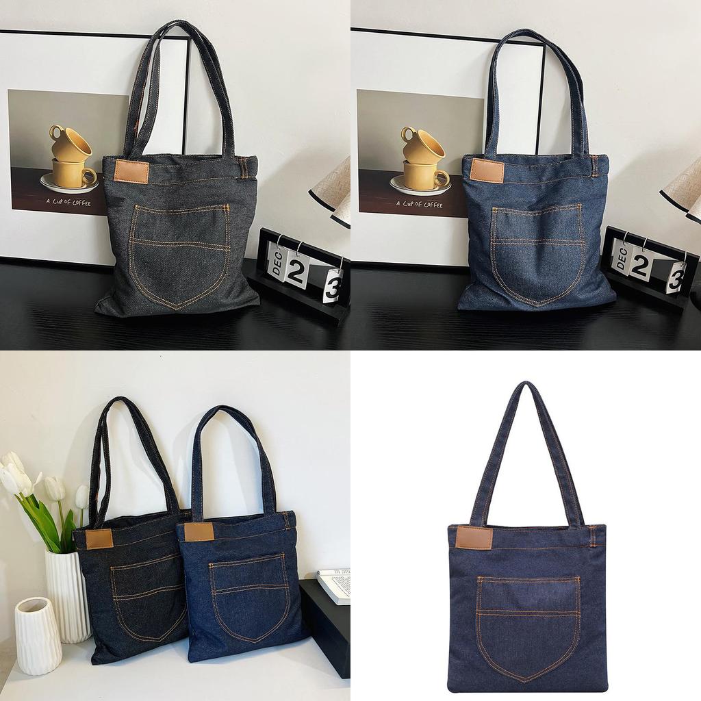 Denim Shoulder Bag Large Capacity Shopping Tote With Zipper For Daily Use
