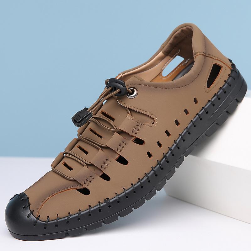 Fashion Big Size Casual Hallow Leather Sandals for Men 2025 Summer New Designer Solid Color Elastic Band Breathable Shoes Man