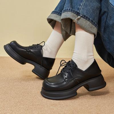 Vintage Round Toe Lace-up Plush Loafers with A Foot of British Style Heightened Platform Small Leather Shoes Versatile Women's Shoes