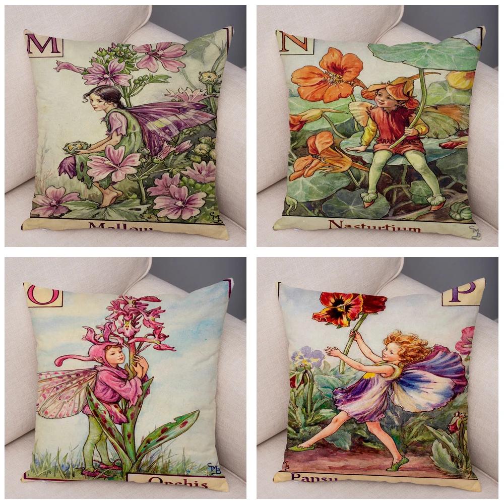 Vintage Floral Girl Pillowcase Decor Cute Cartoon Flower Elf Fairy Tale for Sofa Home Pillow Case Soft Plush Cushion Cover
