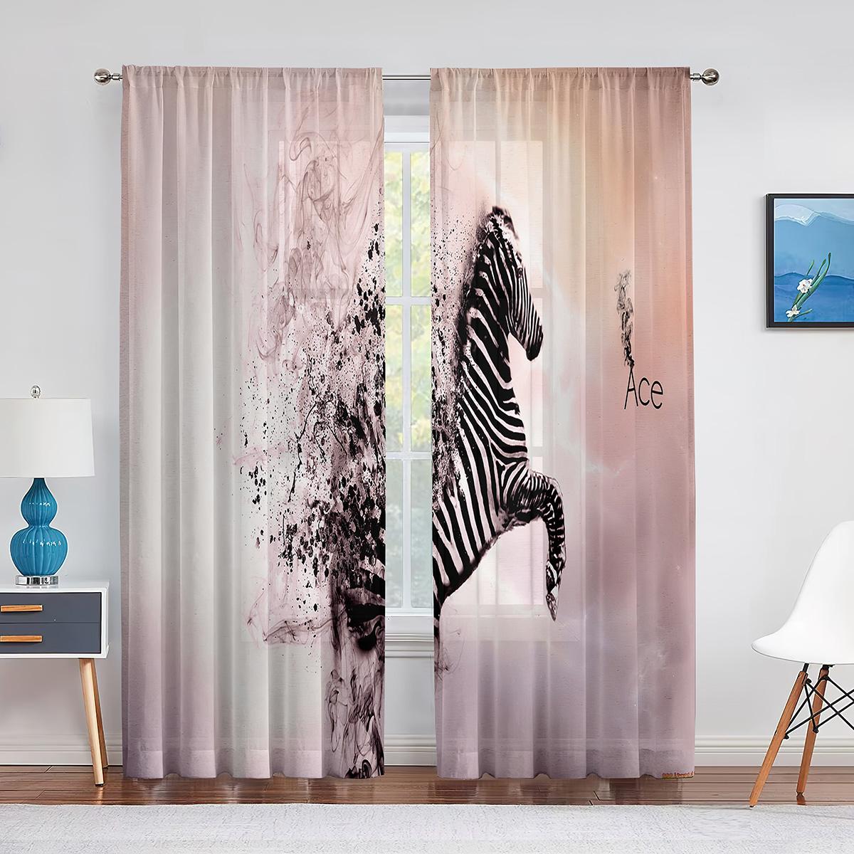

Тюлевые шторы «Семья зебры на траве» с изображением диких животных для гостиной, кухни, спальни, шифоновая прозрачная вуаль, занавеска, оконные шторы 1 PCS W100XH250cm&Grommet Top
