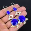 Natural Blue Sapphire Sister Birthday Drop Wedding Art Deco Earrings 925 Silver