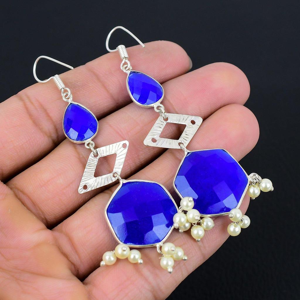 Natural Blue Sapphire Sister Birthday Drop Wedding Art Deco Earrings 925 Silver