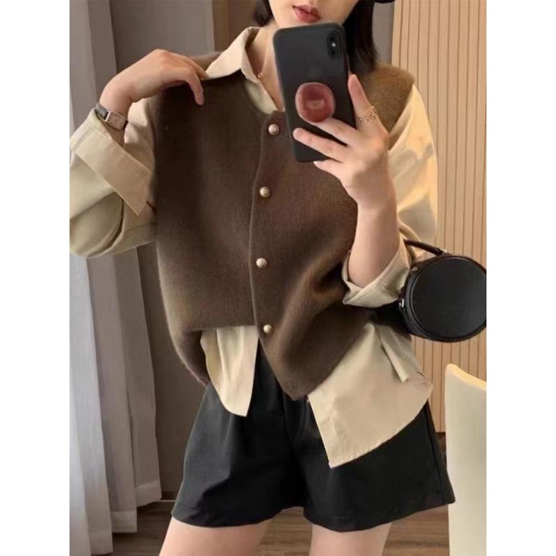 YS Women's Korean Style Slim Fit Layered Sweater Vest - Autumn/Winter Round Neck with Gold Buttons