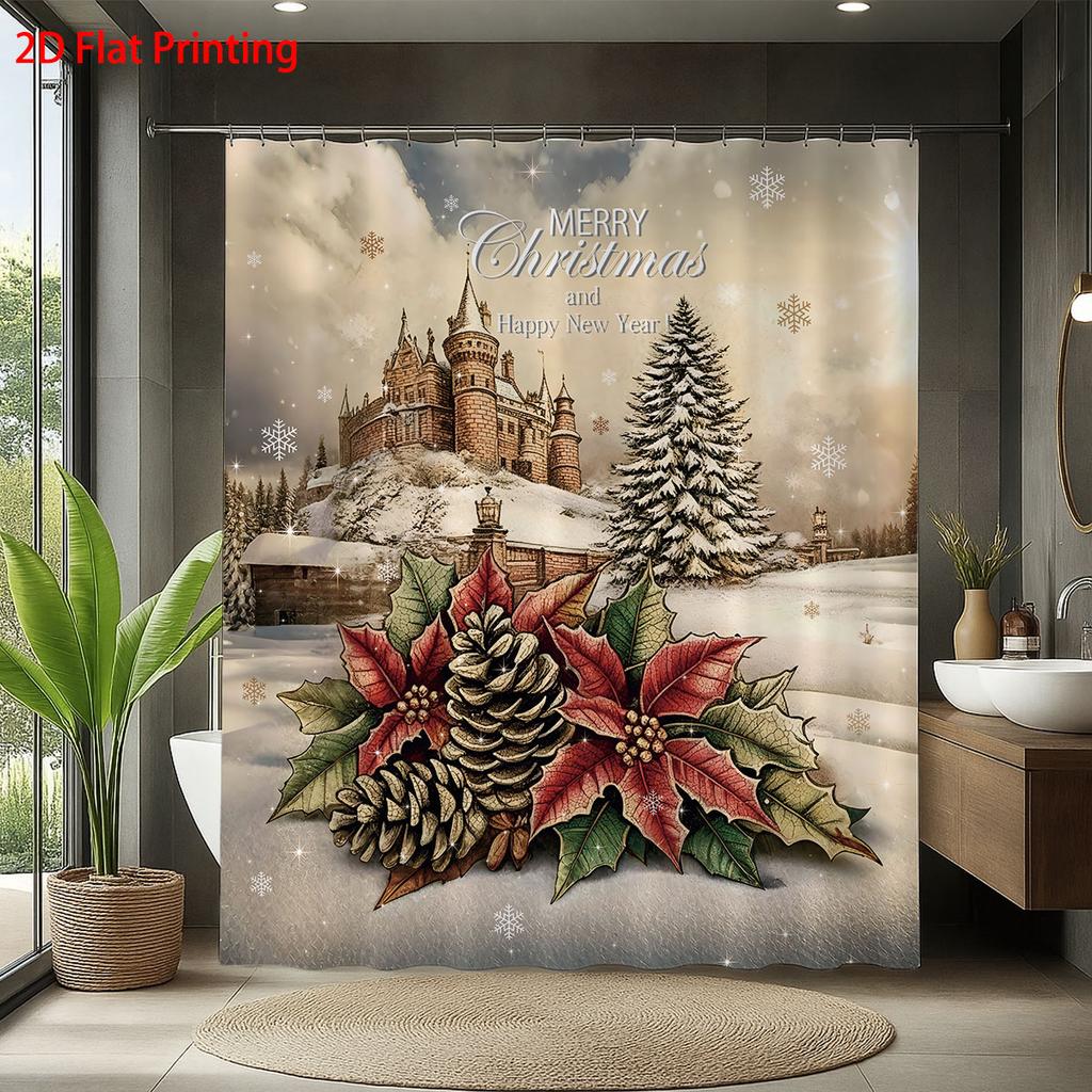 1Pc Merry Christmas Printed Waterproof Shower Curtain Partition Privacy Hanging Curtain, With 12 Hooks, Easy To Install