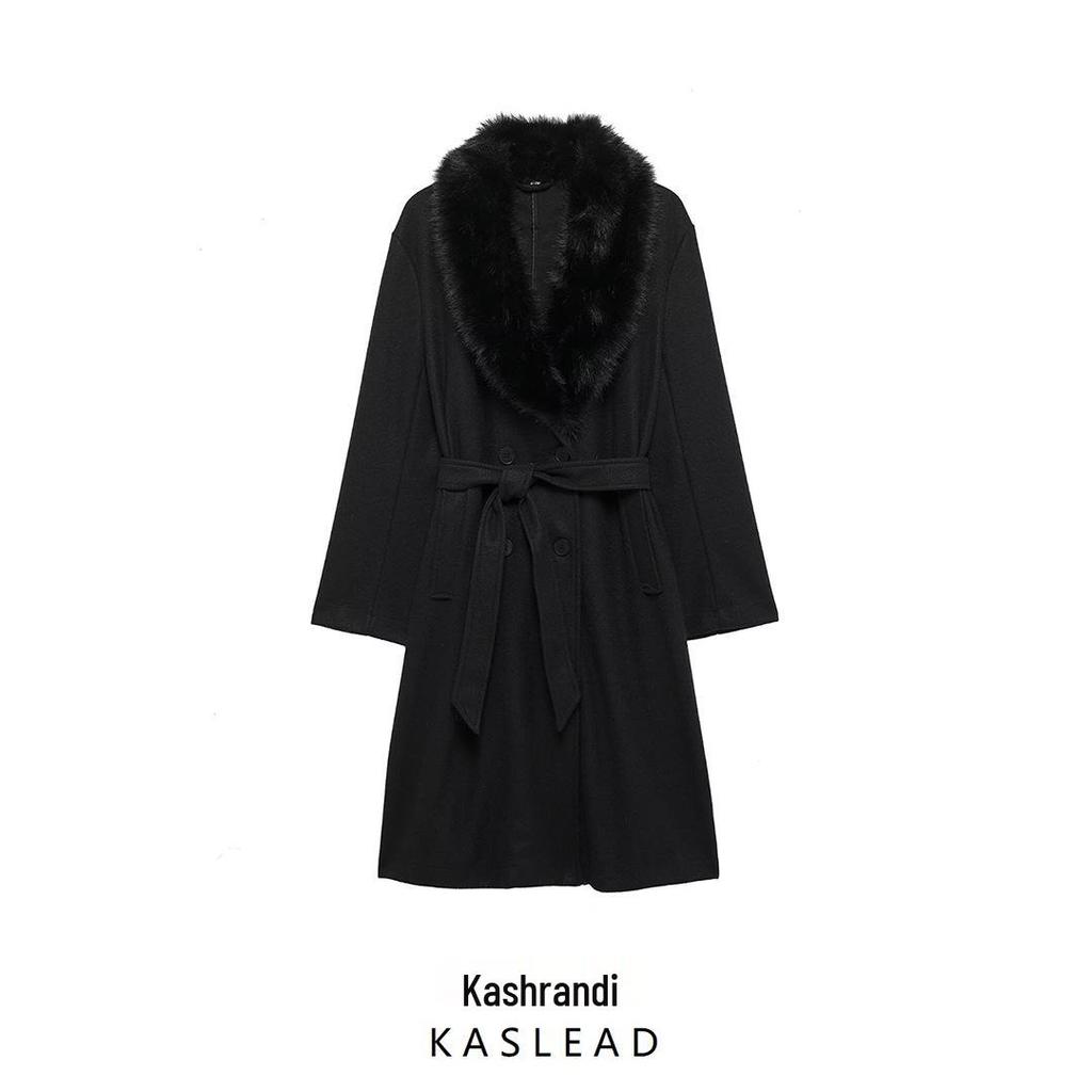 Spring 2025 Women's European & American Faux Fur Belted Lapel Overcoat 