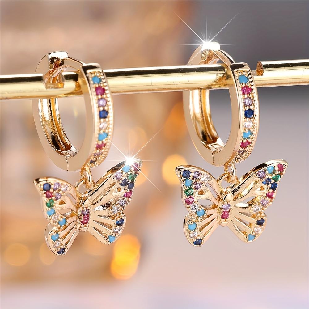 1 Pair Butterfly Hoop Earrings, Gold Synthetic Zirconia - Colorful Cute Jewelry Gift for Ladies, Wedding Party Wear