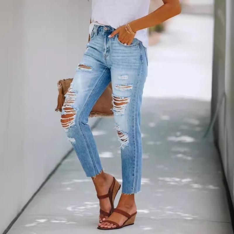 Jeans Summer Temperament Simple Holes Slim Slim Wash Denim Trousers Women