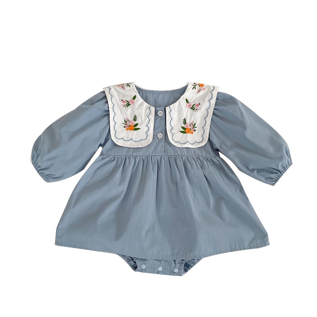 Baby Girl Spring Autumn Ruffle Collar Romper with Floral Embroidery Princess