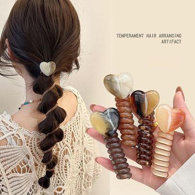 Cordão de telefone em espiral reta, laço de cabelo, decoração de coração, anel de cabelo, trança de rabo de cavalo, corda de cabelo fixa, sem vinco, bobinas elásticas, acessórios de elásticos de cabelo multicoloridos