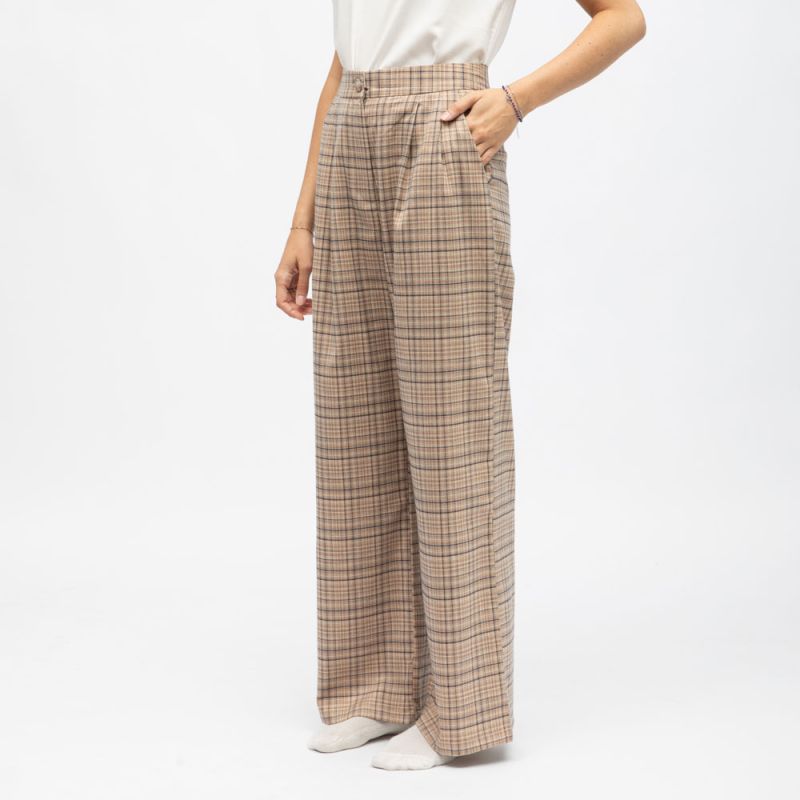 Pantalon palazzo à carreaux paoline marron clair Femme LA PETITE ETOILE