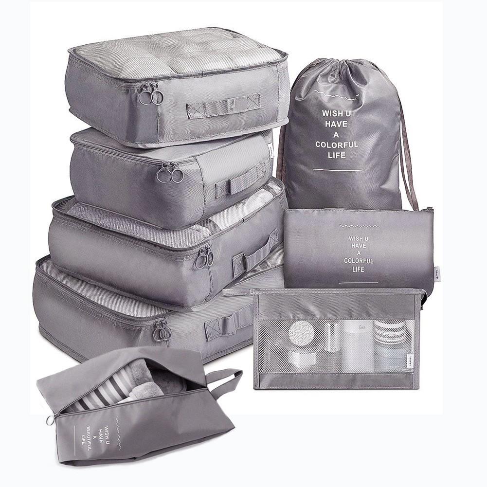 Eight-Piece Travel Organizer Set: Storage Bags & Makeup Bag for Clothes and Accessories.