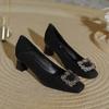 Coarse heel single shoes women's 2025 new spring and autumn black temperament middle heel shoes rhinestone square buckle French square head high heels