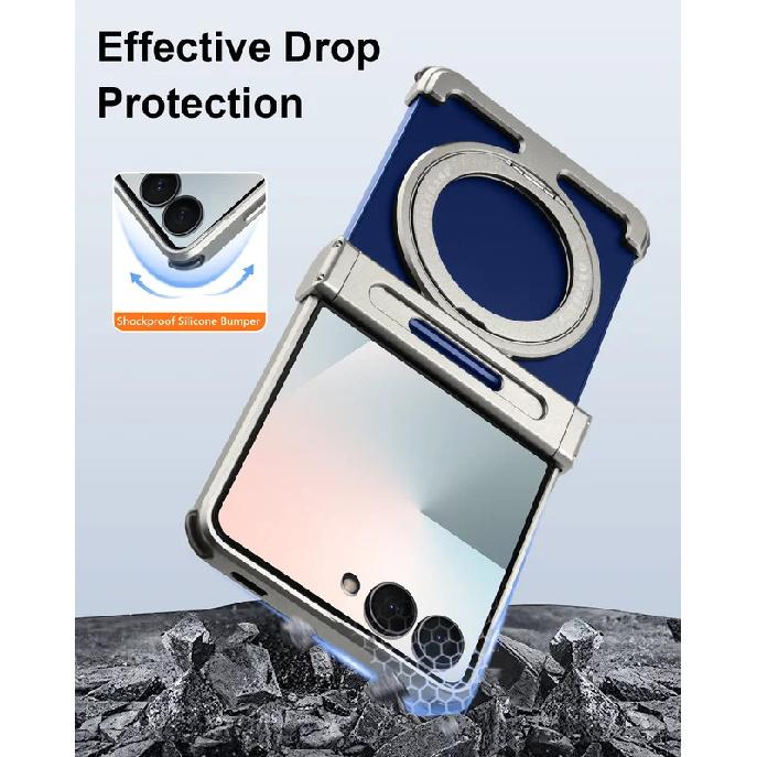 Oatsbasf Metal Phone Case for Samsung Galaxy Z Flip 7 with Stand 360°Rotation Magnetic Bumper Thin Shockproof Protective Cover
