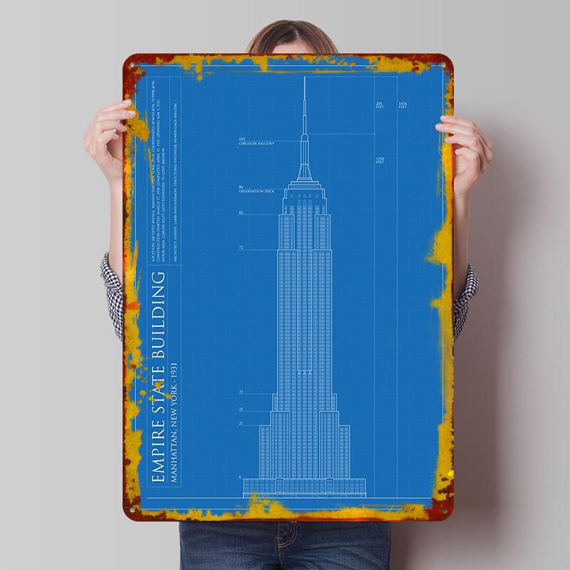 

План Empire State Building Металлическая табличка Постер Индивидуальное настенное искусство Ретро Винтажные металлические знаки для мужской комнаты Декор для дома 7.9x11.8In(20x30cm)