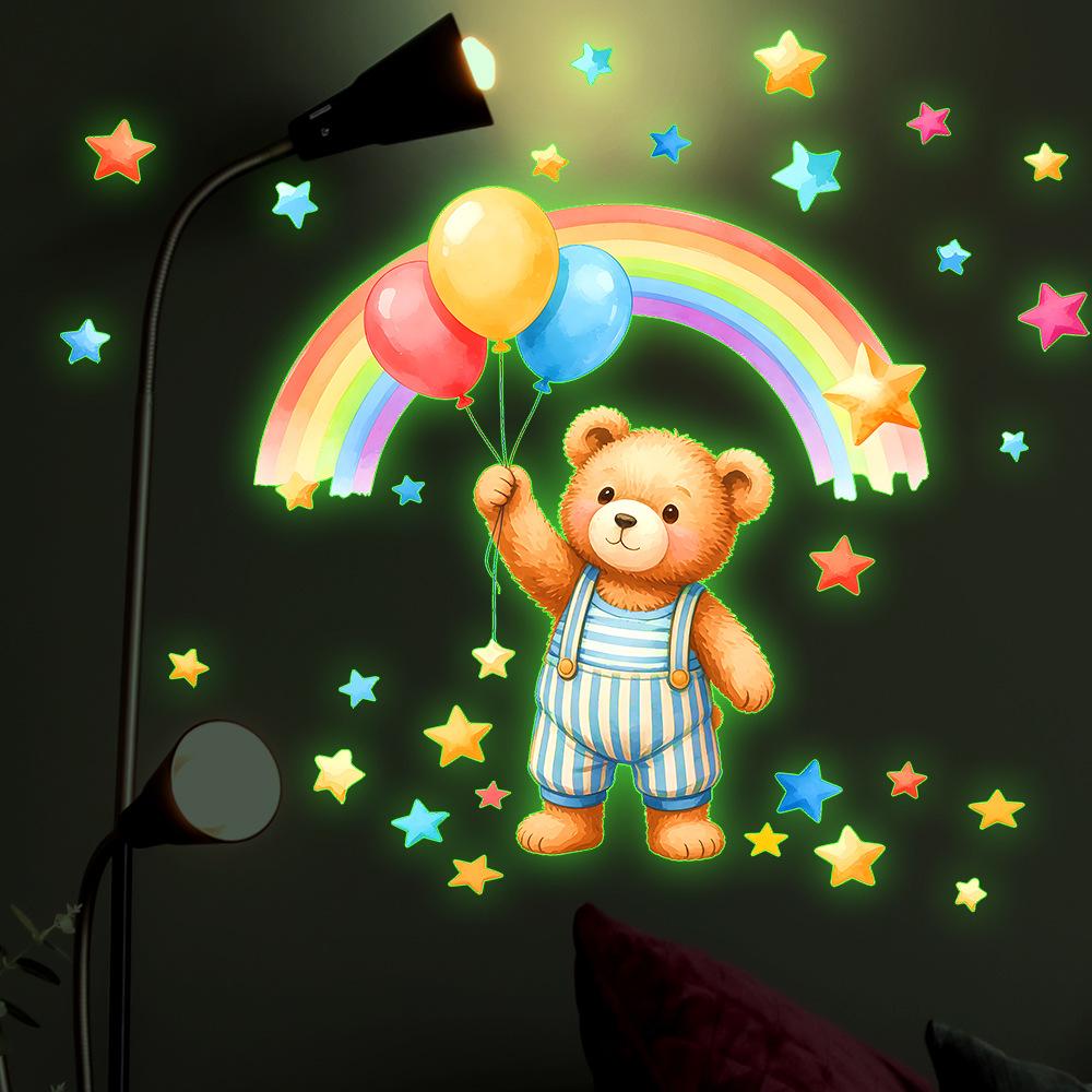 A Cartoon Bear Holding Balloons and A Rainbow-shaped Night Light Sticker for Wall Decoration in The Bedroom.