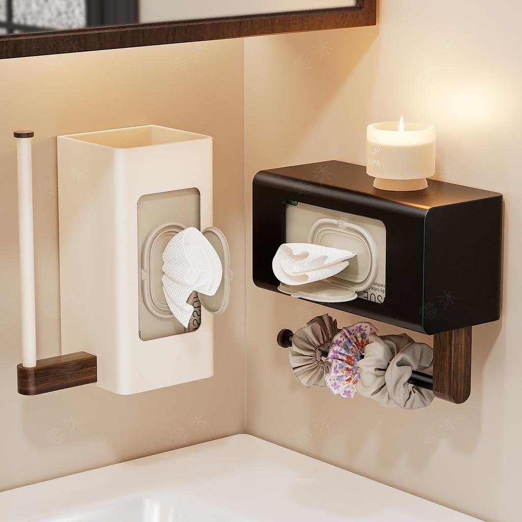 No Drill Walnut Toilet Paper Holder, Wall Mounted Bathroom Organizer Modern Wood Storage Rack for TP & Hand Towel