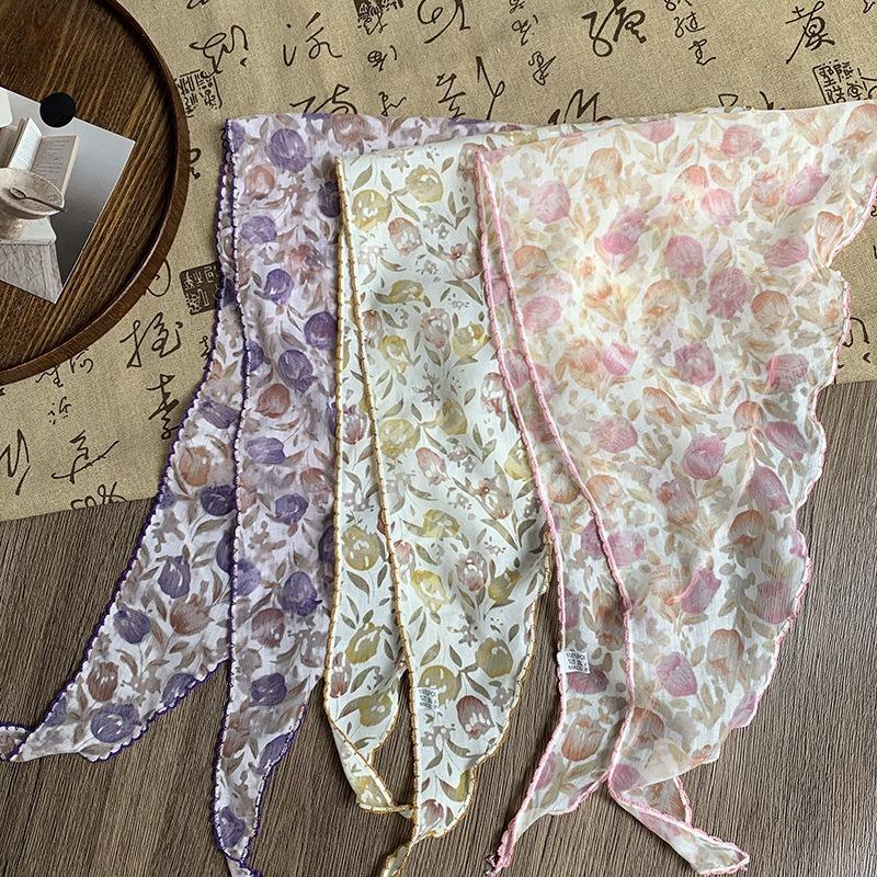 Triangle Scarf Silk Scarf High-end New Versatile Neck Protector Decorative Thin Scarf Floral Headscarf Headband Tied Hair