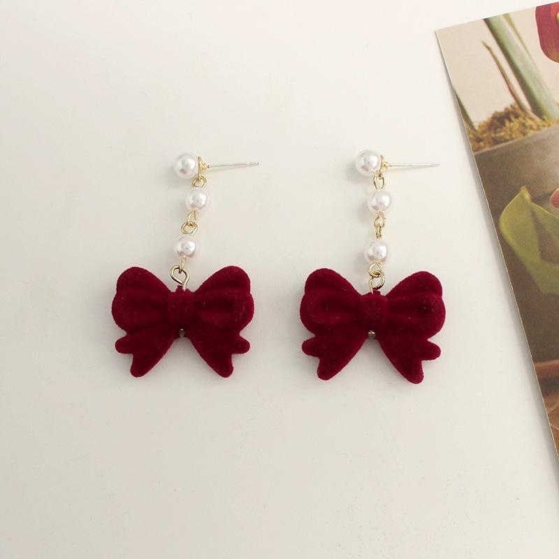 Burgundy Velvet Bow Pearl Stud Earrings Temperament Their Girl Celebrity New Versatile Light Luxury Earrings