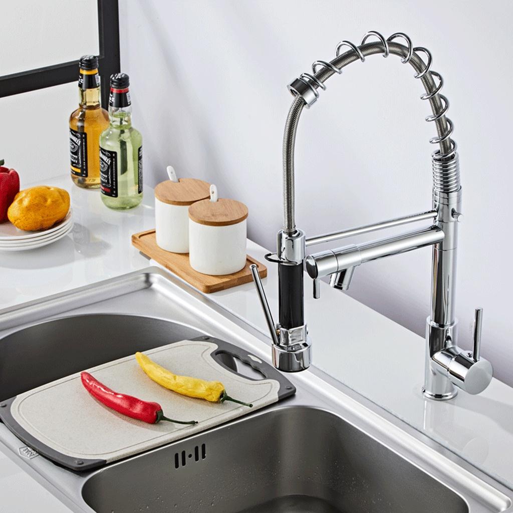 Silver Chrome Polished Deck Mounted Flexible Kitchen Faucets Silver Spring Style Spray Mixers Tap Hot And Cold Kitchen Faucet Pull Out Mixer Tap