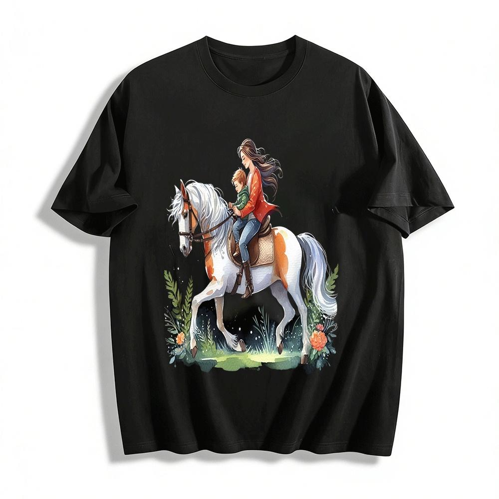 Warm Parent-Child Horse Riding Graphic Casual Top Pure cotton T-shirt XXS