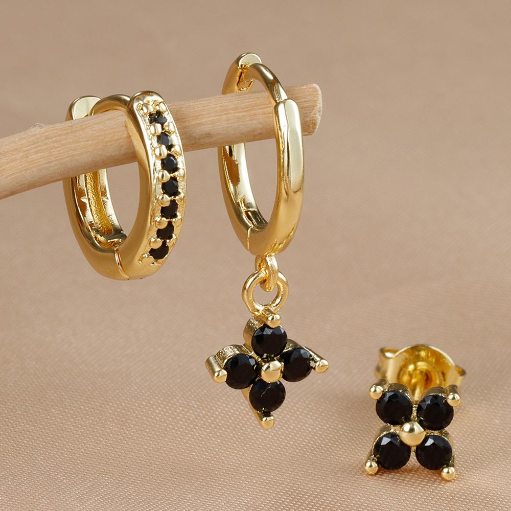 3PCS Fashion Gold Color Crystal Zirconia Drop Earrings Set for Women Stainless Steel Flower Dangle Earring Korean Jewelry aretes