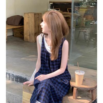 Blue Plaid Sleeveless Dress French Literary Style Mori Retro Small Fresh Holiday Suspender Vest Long Dress