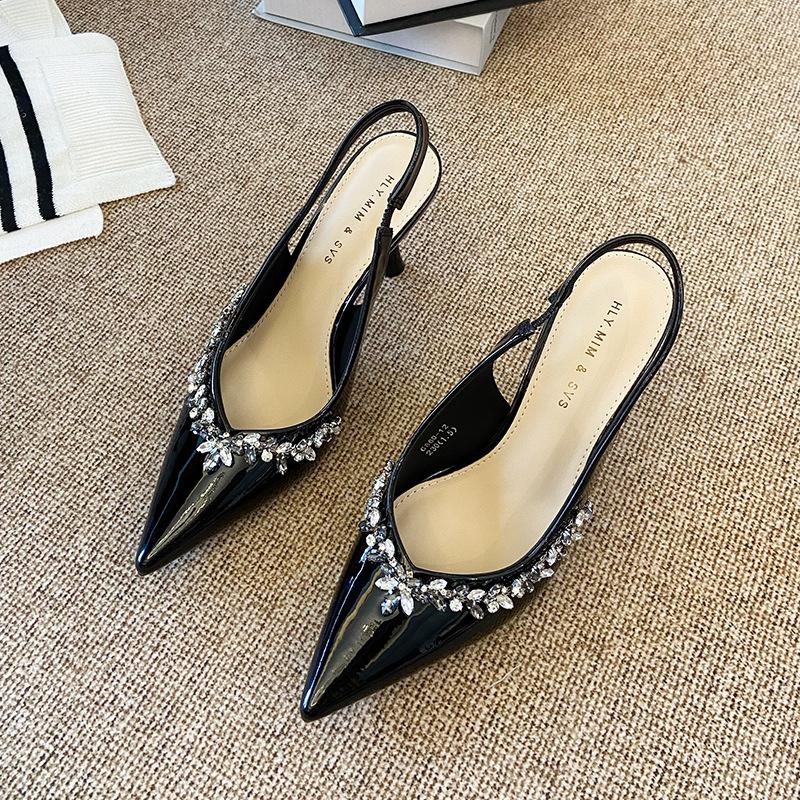 G860-12 Rhinestone Pointed Patent Leather Baotou Sandals 2025 New Summer One-word Strap Rear Thin Heels High Heels