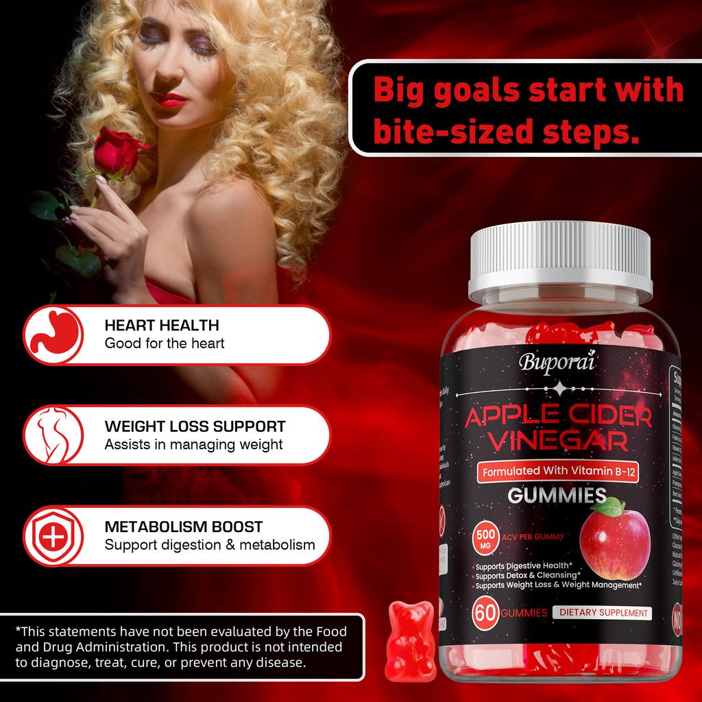 High-purity Apple Cider Vinegar Gummies, Containing Vitamin B12 Extract, Nutritional Supplement, Suitable for Both Men and Women.