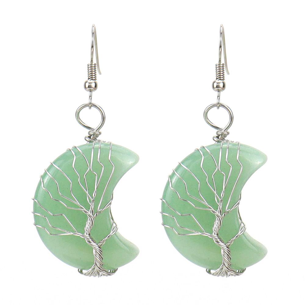 Tiktok Live Hand Winding Natural Stone Crystal Amethyst Tree Of Life Moon Earrings Moon Bud Earrings E36