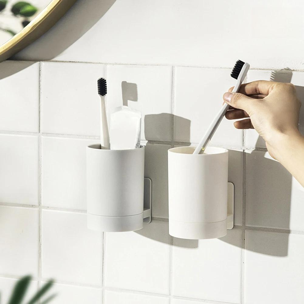 Simple Wall Mounted Mouthwash Cup With Holder Drill-Free Toothpaste Storage Shelf Bathroom Storage Organizer Portable Mouth Wash Cup Suit