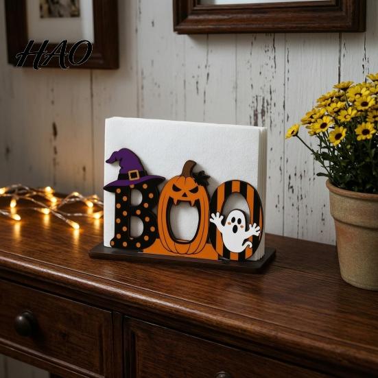 Indoor Halloween Ornaments Wooden BOO Napkin Holder, Cartoon Ghost Pumpkin Witch Hat Paper Towel Window Display Ornament Wood Table Centerpiece