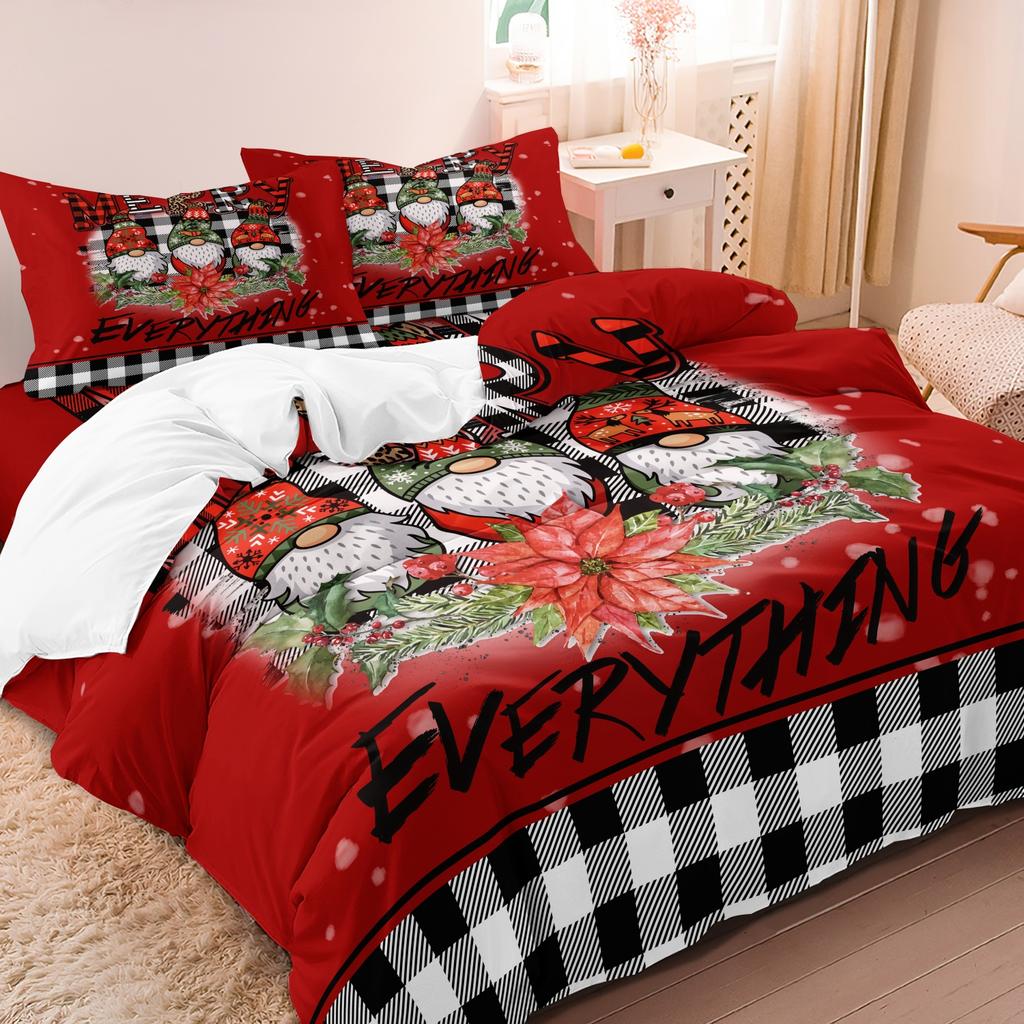 3pcs Christmas Gnome Red Truck Snowflake Tree Checkered Duvet Cover Set  All-Season Cozy Bedding Bedroom, Christmas Decorations