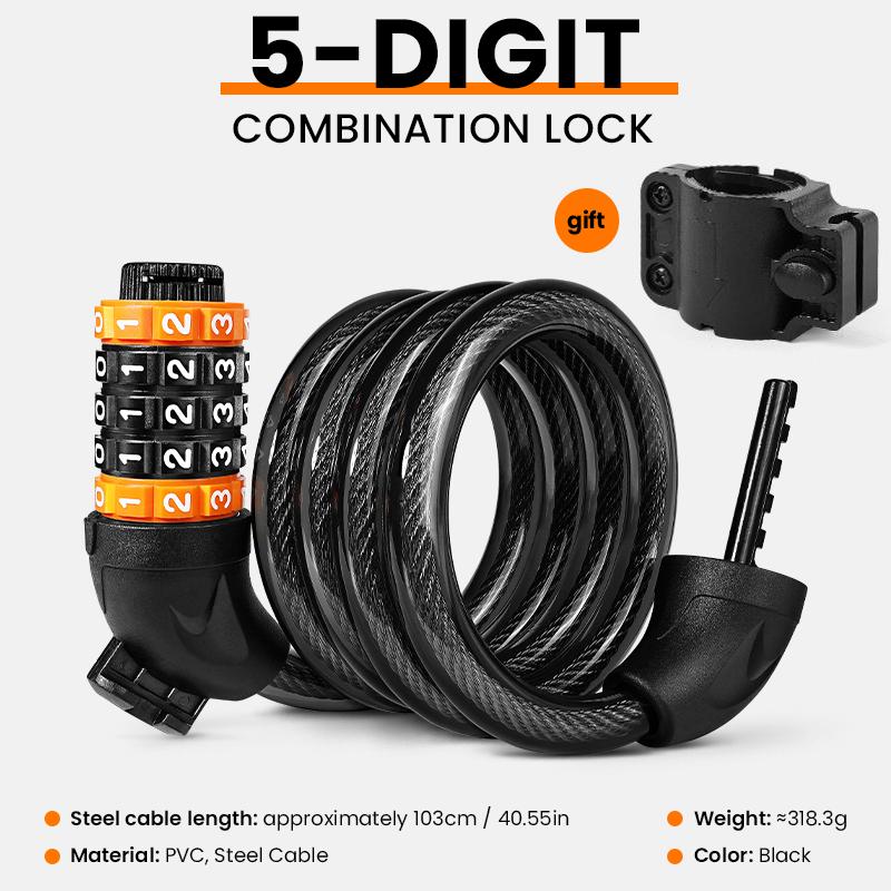 BUCKLOS 5 Digit Anti-theft Bike Password Lock Bicycle Cable Lock Steel Cable Motorcycles Locks 1.2M Zinc Alloy E-Bike Locks чёрный